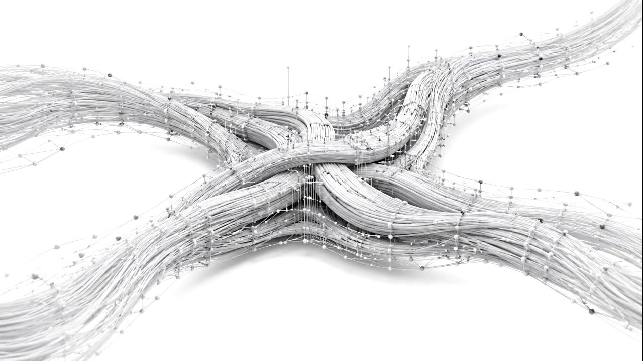 Four cable bundles braiding through a central junction, carrying signals in and out